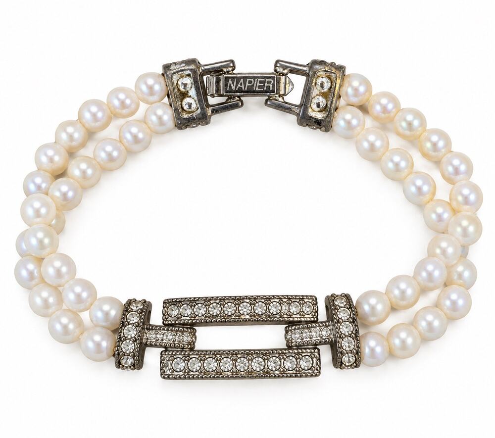 Vintage Napier Double Strand Faux Pearl Rhinestone Bracelet Signed